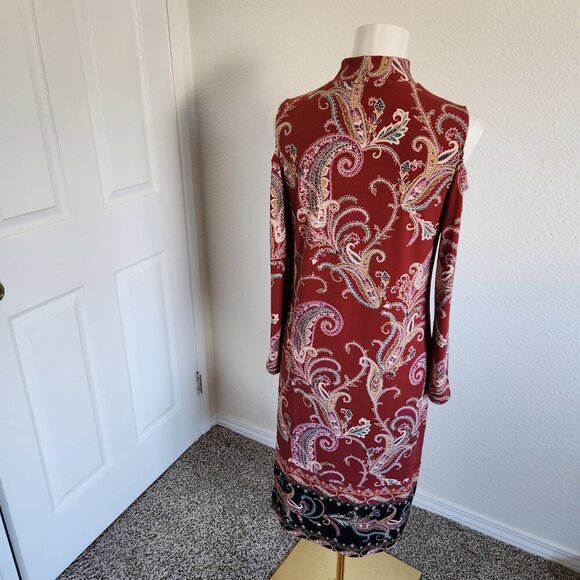 JM collection Midi Dress Size XS Red Mock Neck Cold Shoulder Paisley Stretch NWT - Picture 3 of 5